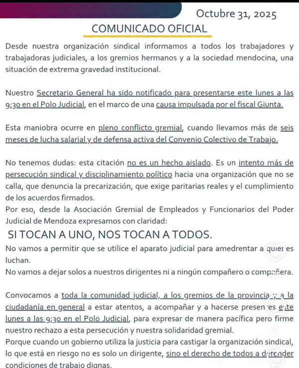 Judicial Workers Leader in Mendoza Accused